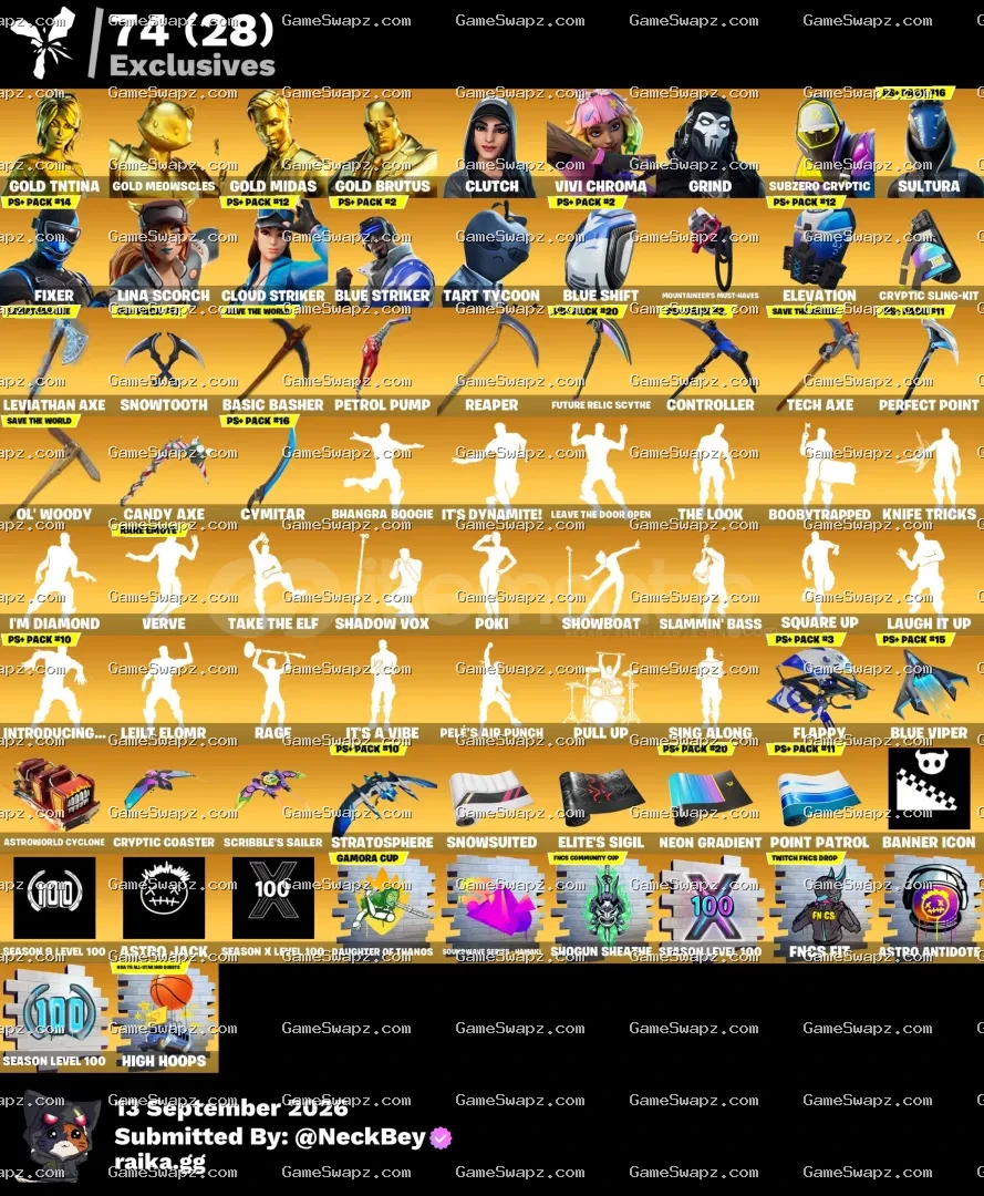 310 Skins, Leviathan, Gold Midas, 356 Emotes Account