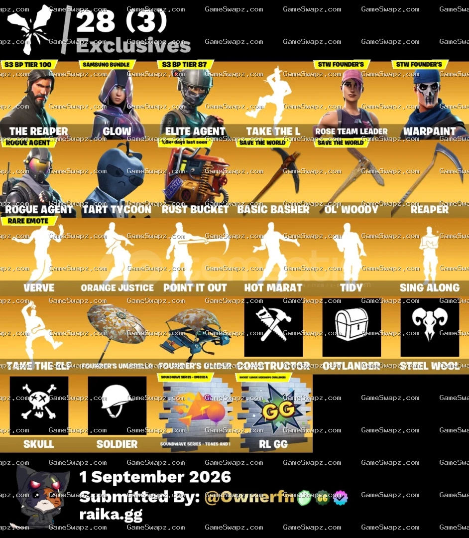 124 Skins, The Reaper, OG, Save the World, Lifetime Full Mail Access