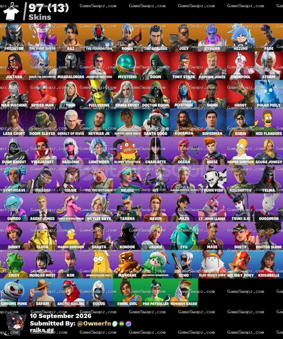 97 Skins, Lara Croft, Tony Stark, Lifetime Full Mail Access
