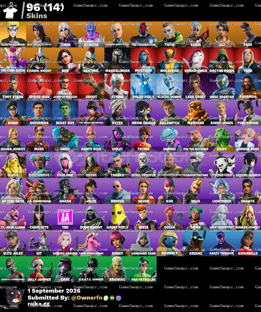 96 Skins, Lara Croft, Tony Stark, Founder's, Full Mail Access